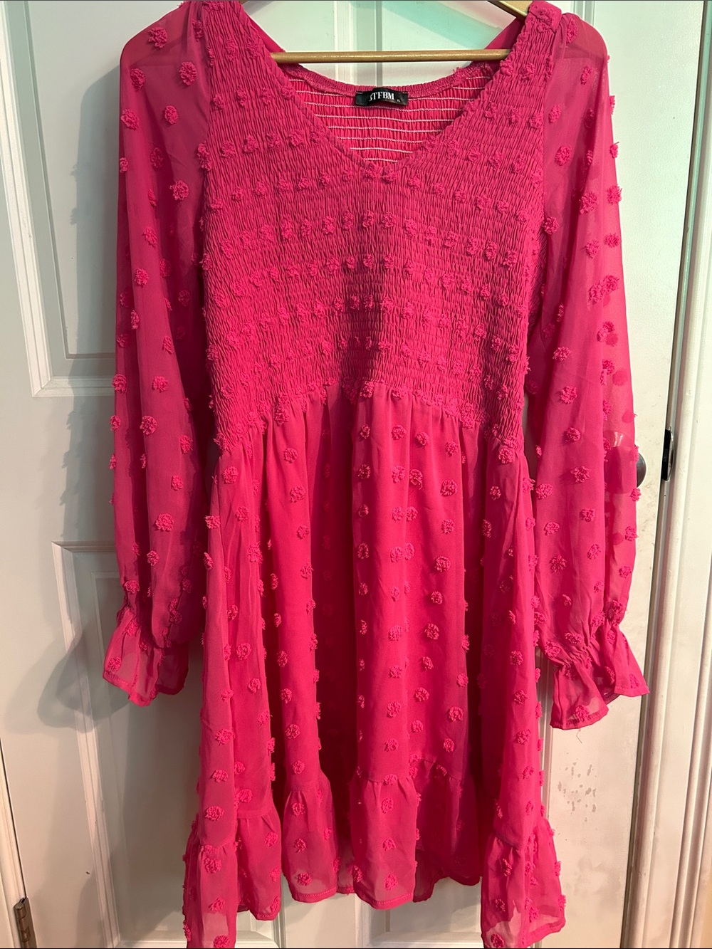 STEM Fuchsia Smocked V-Neck Long Sleeve Casual Dress
